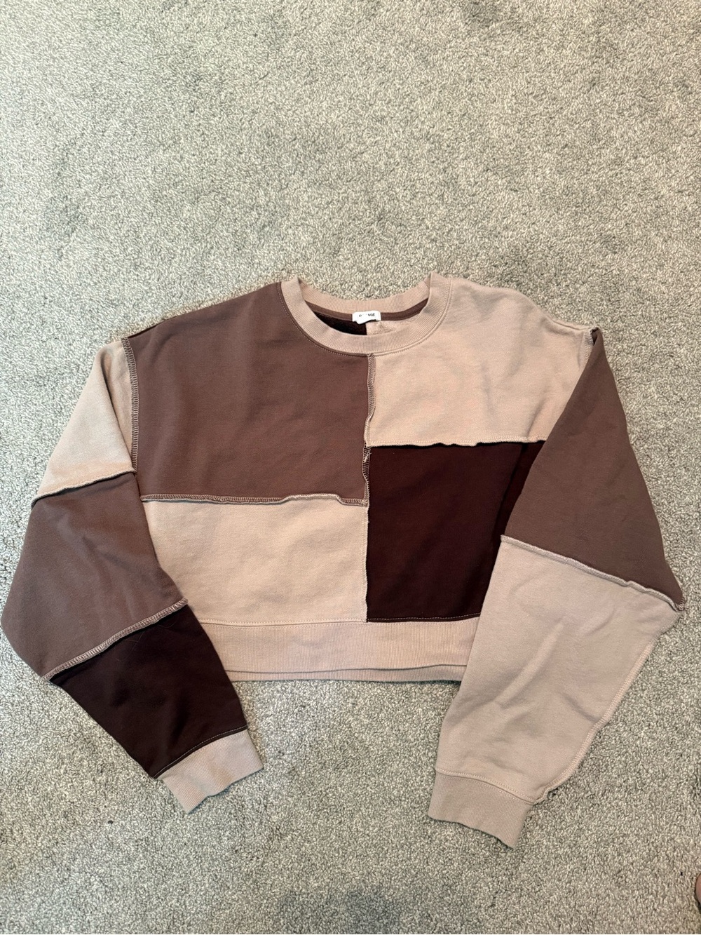 Garage Colorblock Cropped Crewneck Sweater - Taupe & Chocolate Brown